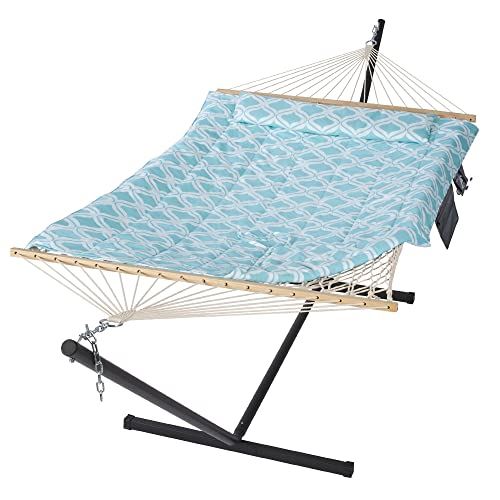 SUNCREAT Patio Hammock with Stand Included, Portable Double Hammock with Stand, Green Pattern