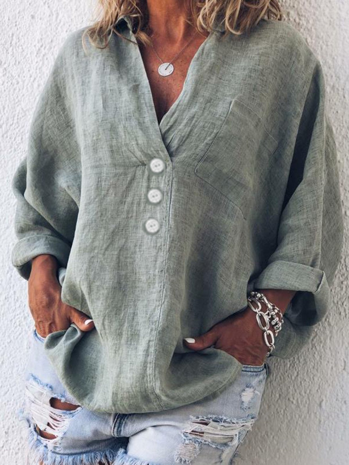 Cotton Linen Casual Buttoned Pockets Solid Long Sleeve Shirts & Blouses