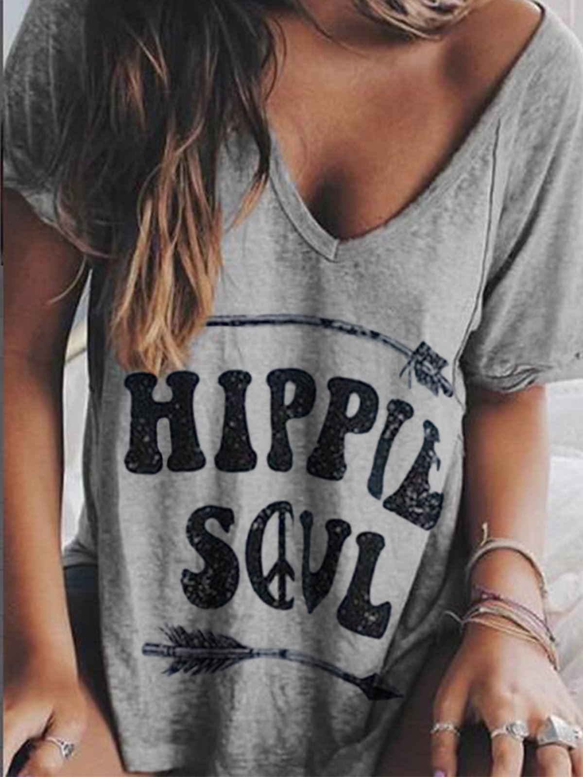 Gray Short Sleeve Cotton-Blend V Neck Printed Shirts & Tops