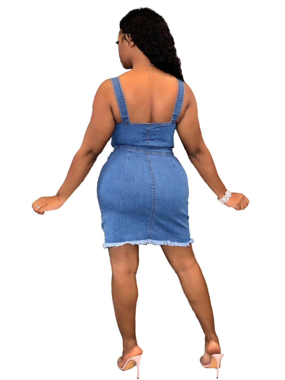 Denim Blue Button Up Strap Bodycon Dress