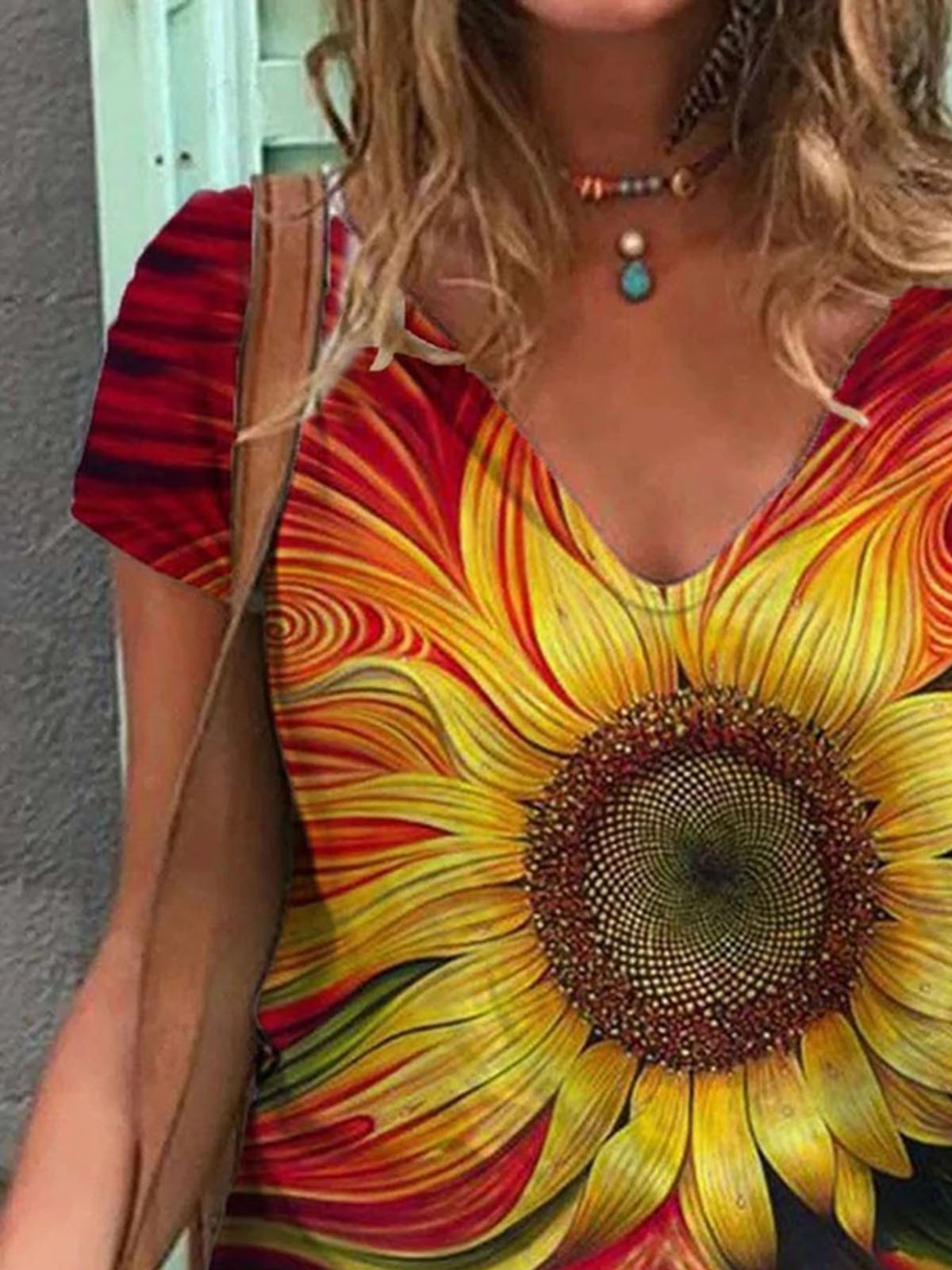 Vintage V-Neck Sunflower 3D Painting Print T-shirt