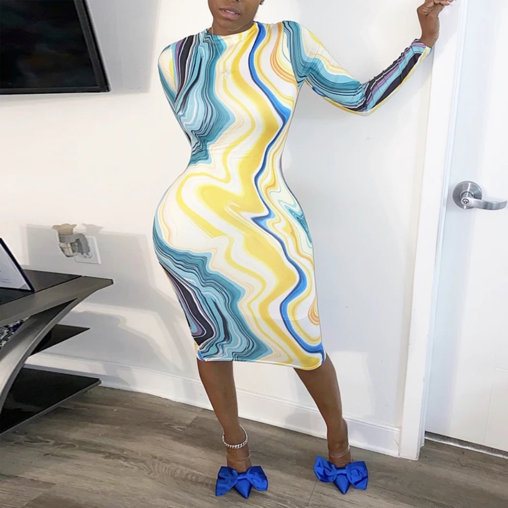 Long Sleeve African Colorful Midi Dress