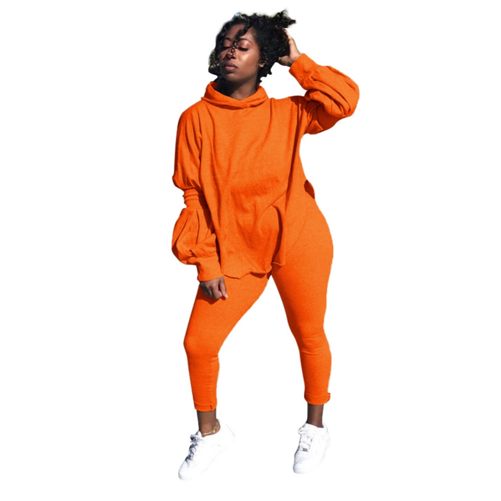 Autumn Solid Plain Matching Casual Hoody Top and Pants Set