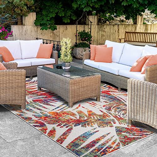 Superior Indoor/ Outdoor Area Rug Perfect for Patio – Bohemian Botanical Leaves Modern, 5’2′′x7’2′′, Cream