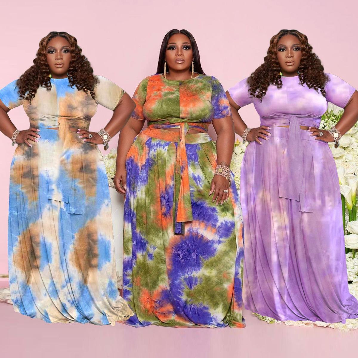 Women\'s plus size tie-dye printing two-piece suit Q7191