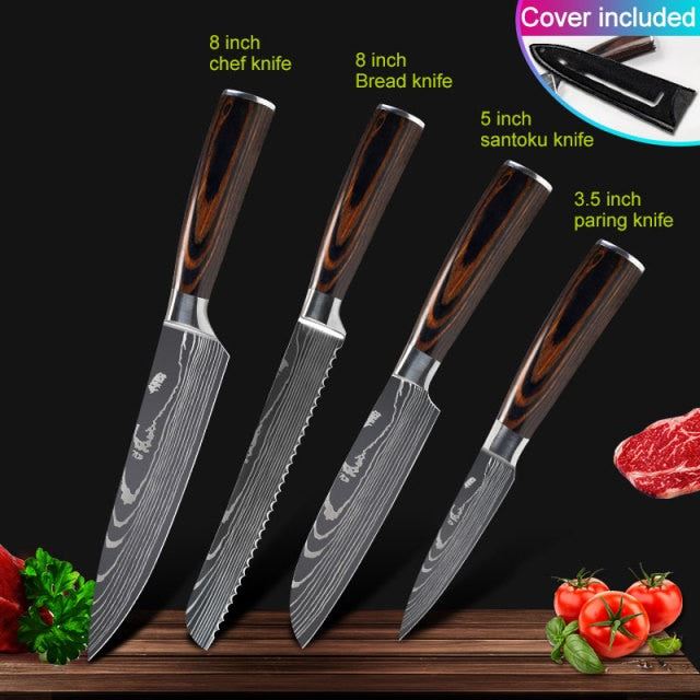 Kitchen knives Set Professional Chef Knives Stainless Steel Imitation Damascus Pattern Santoku Cleaver Slicing Utility Knives