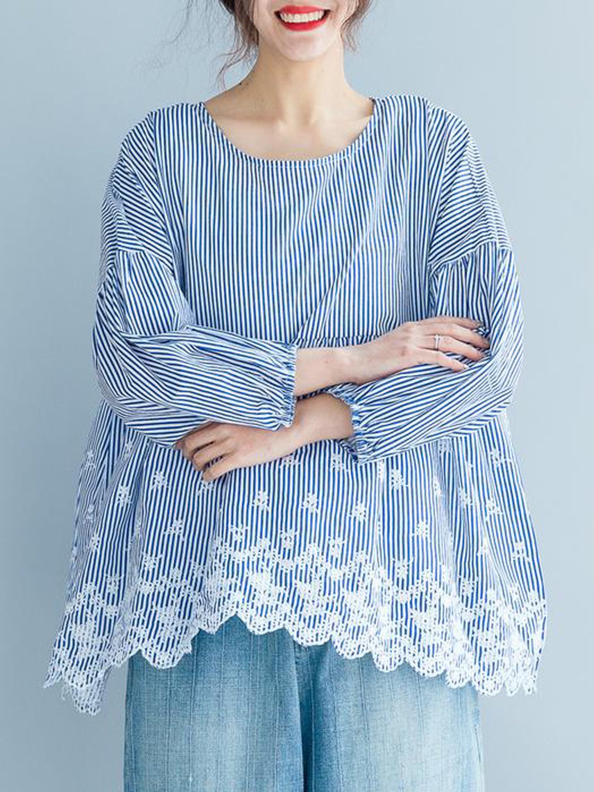 Stripe Casual Striped Embroidery T-Shirts