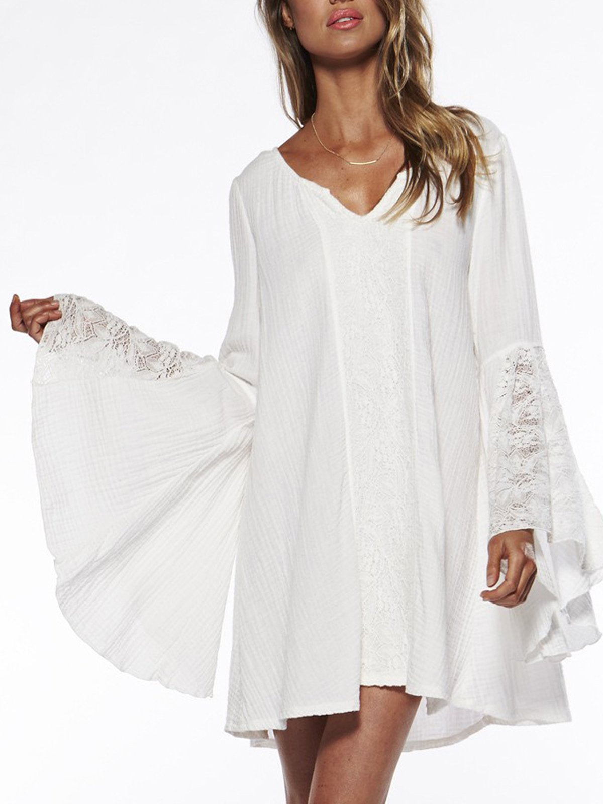 Bohemia Loose Plain V Collar Speaker Sleeve Beach Dress Vacation