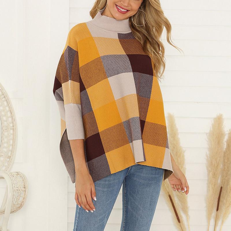 European And American Style High Collar Bracelet Sleeve Splicing Plaid Sweater