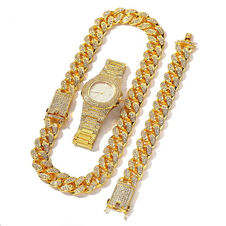 shop gold silver cuban links chains mens iced out watch necklace for boys hip hop CZ bling jewelry sets