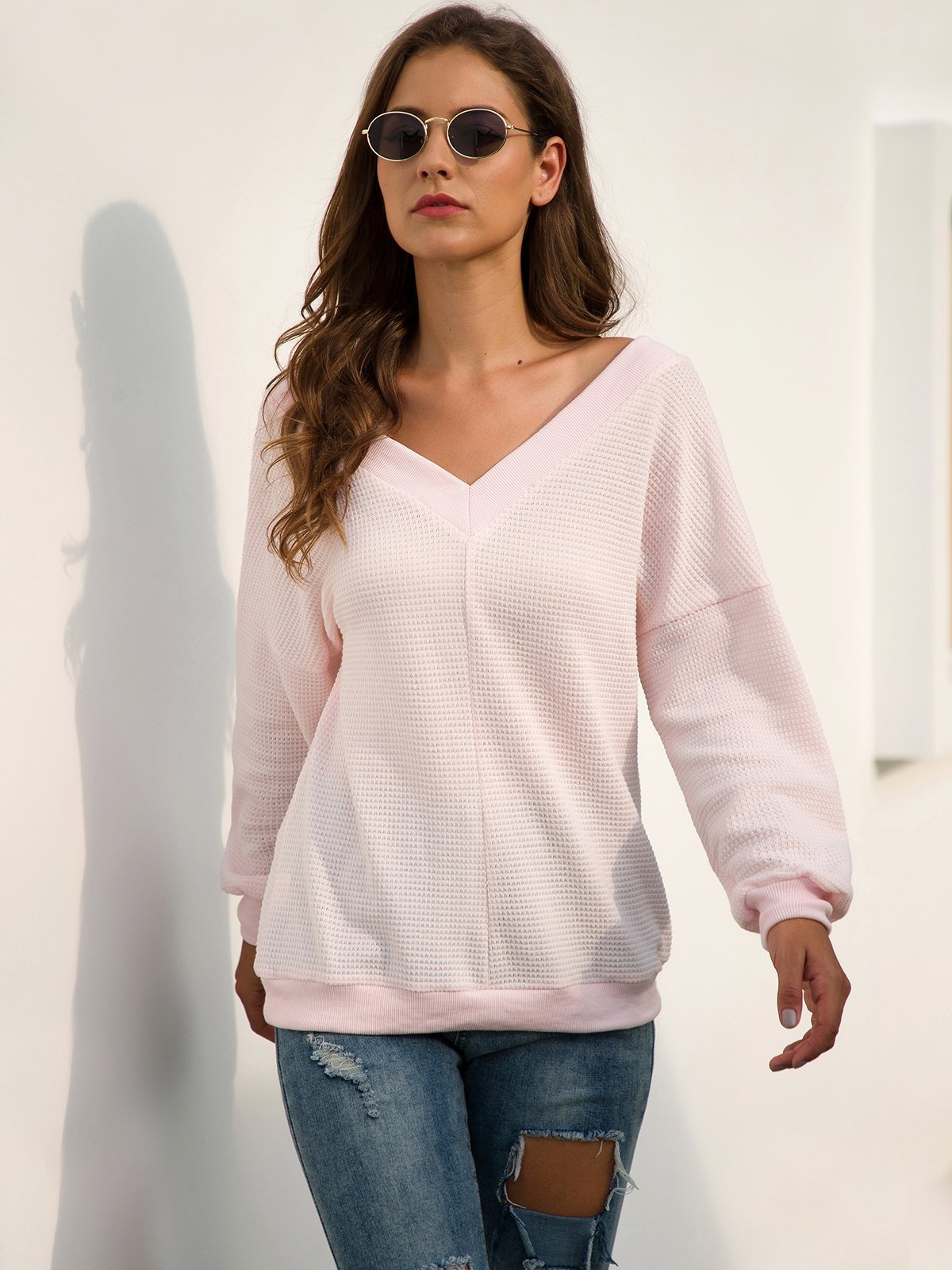 Casual V Neck Long Sleeve Solid Backless Sweaters