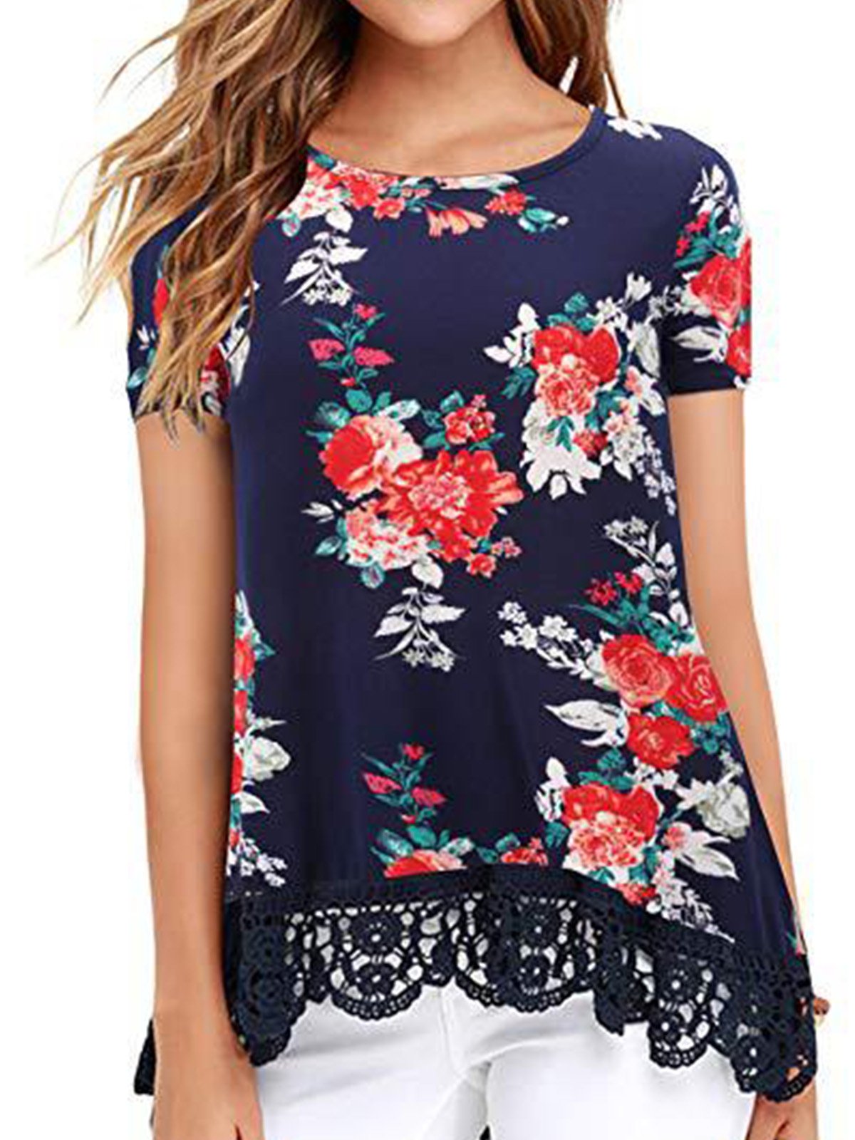 Women Casual Printed Lace Tops Tunic T Shirt
