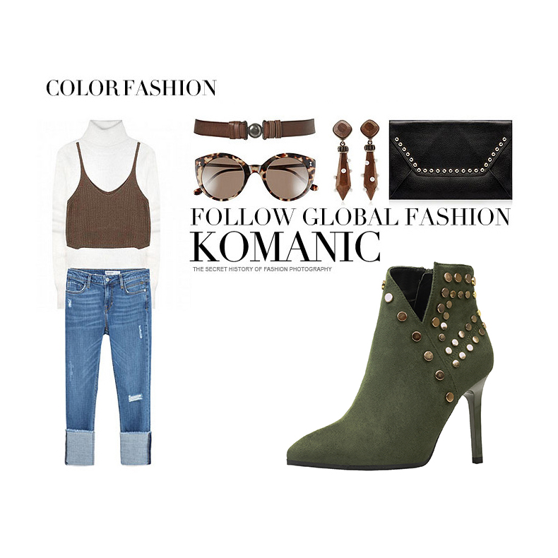 9.5CM Fashion Short Suede Pointed Rivet Sexy Wedding Party Booties