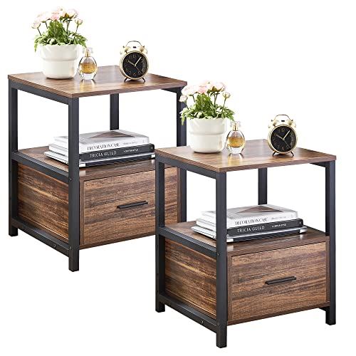 VECELO 2-Tier Metal Frame Nightstand w/ Drawer for Bedroom, Living Room/2 Pack