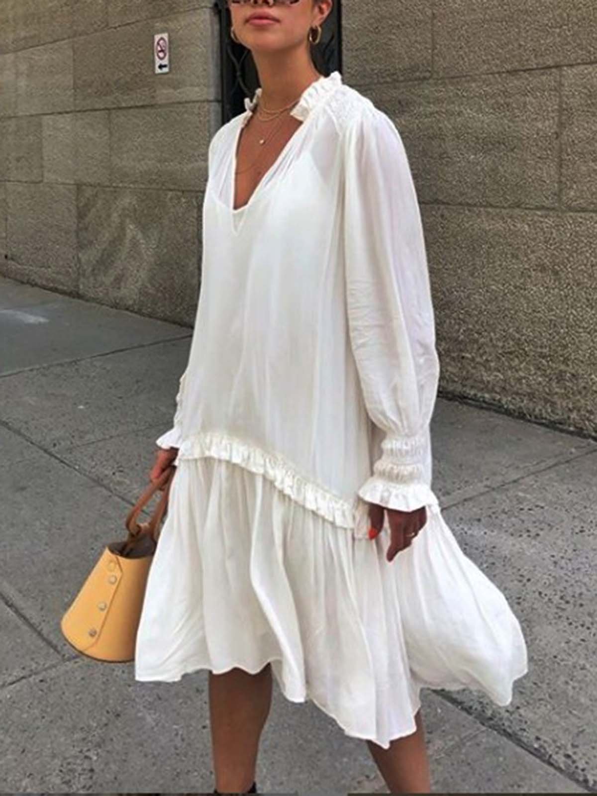 White Long Sleeve Casual Dresses