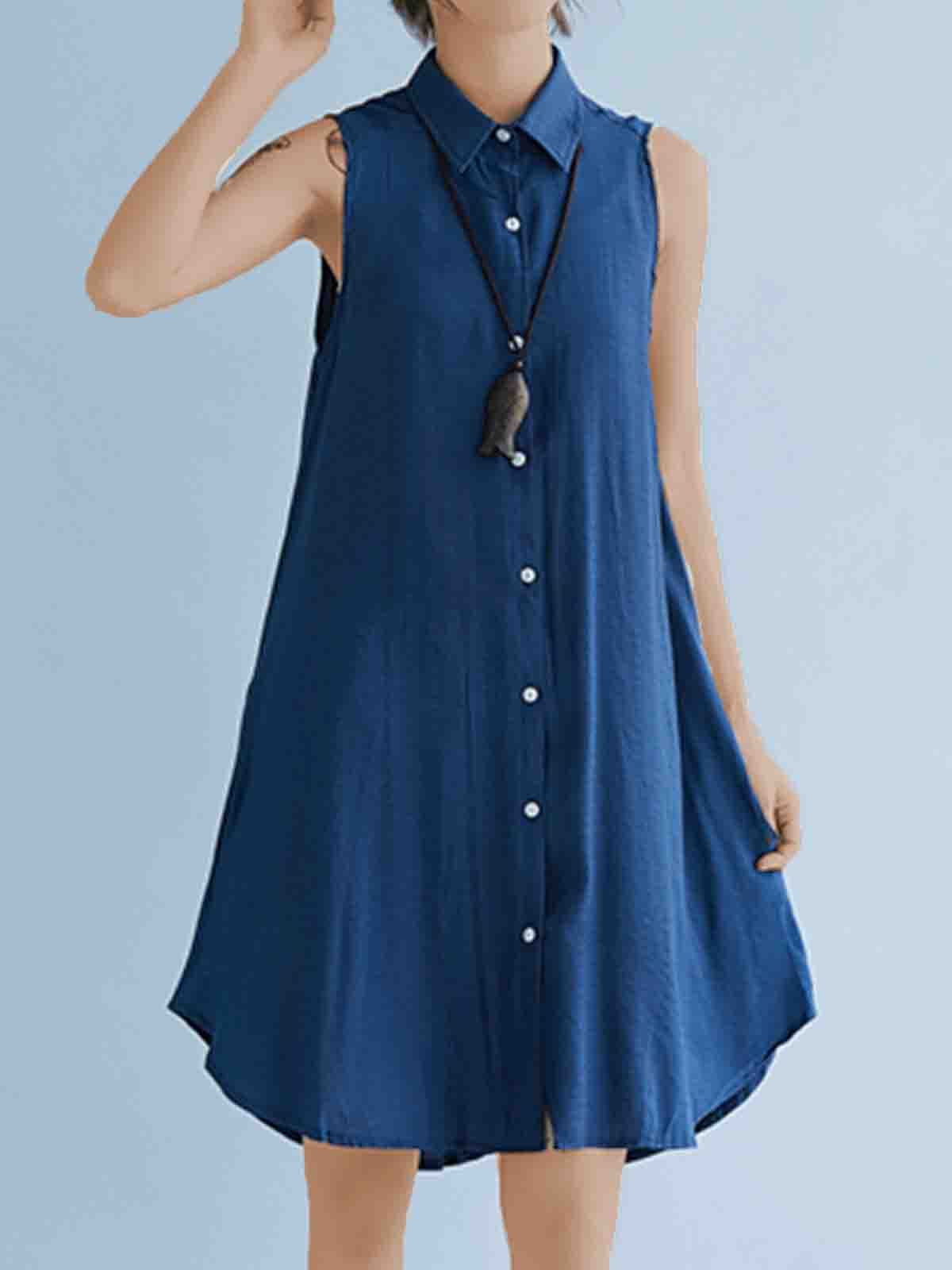 Plus Size Women Solid Sleeveless Linen Loose Casual Midi Vest Shirt