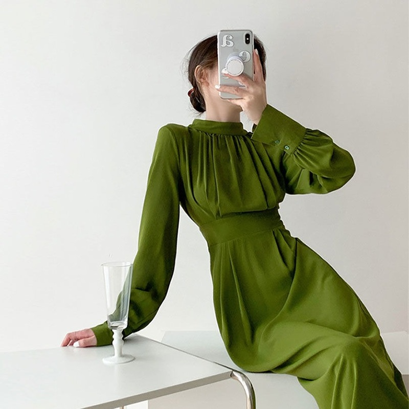 2021 Green France Vintage Dress Women Winter Elegant Evening Party Midi Dresses Retro One Piece Dress Y2k Korea Female Clothing