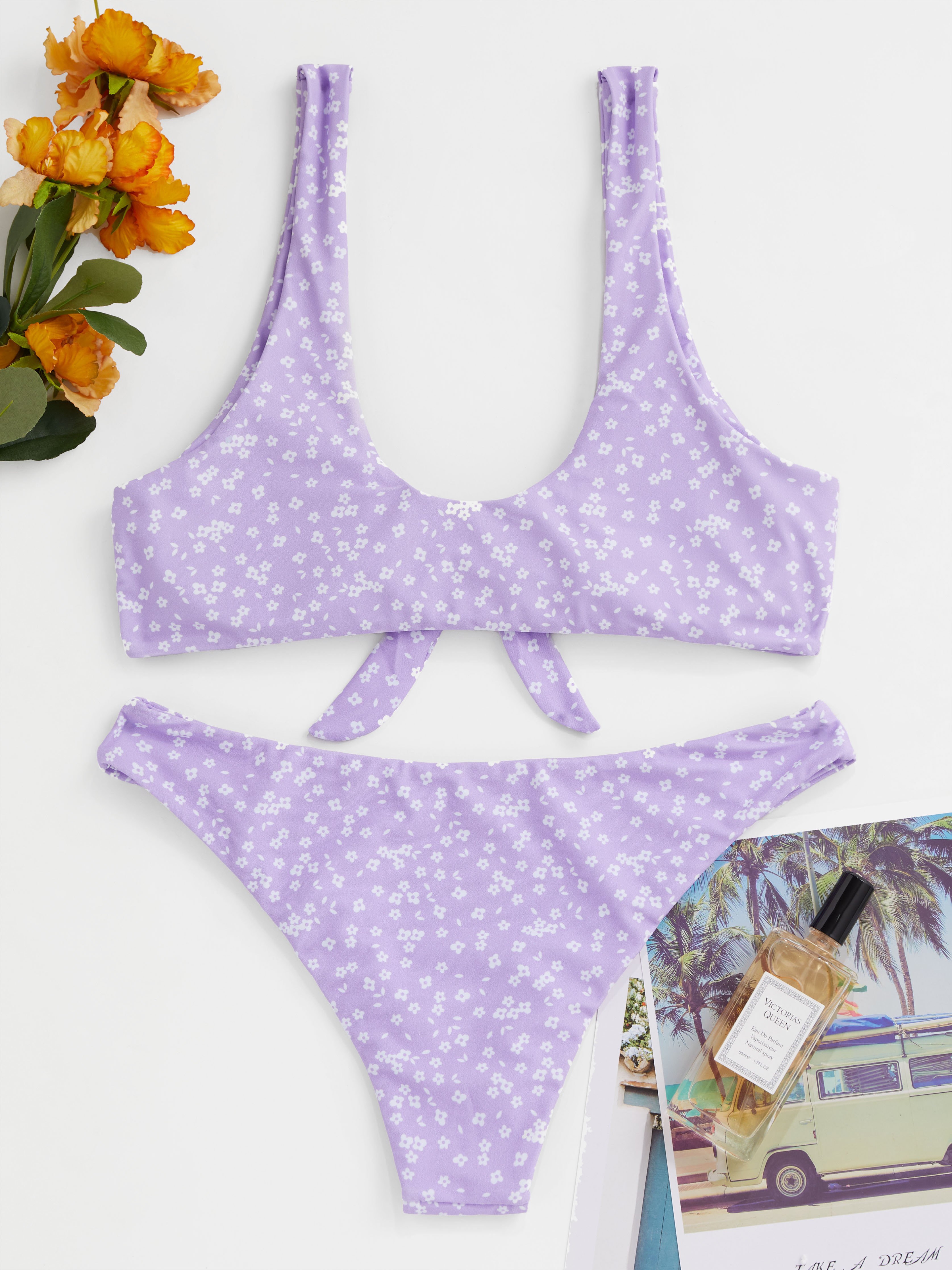 Floral Print Knot Front Bikini Set