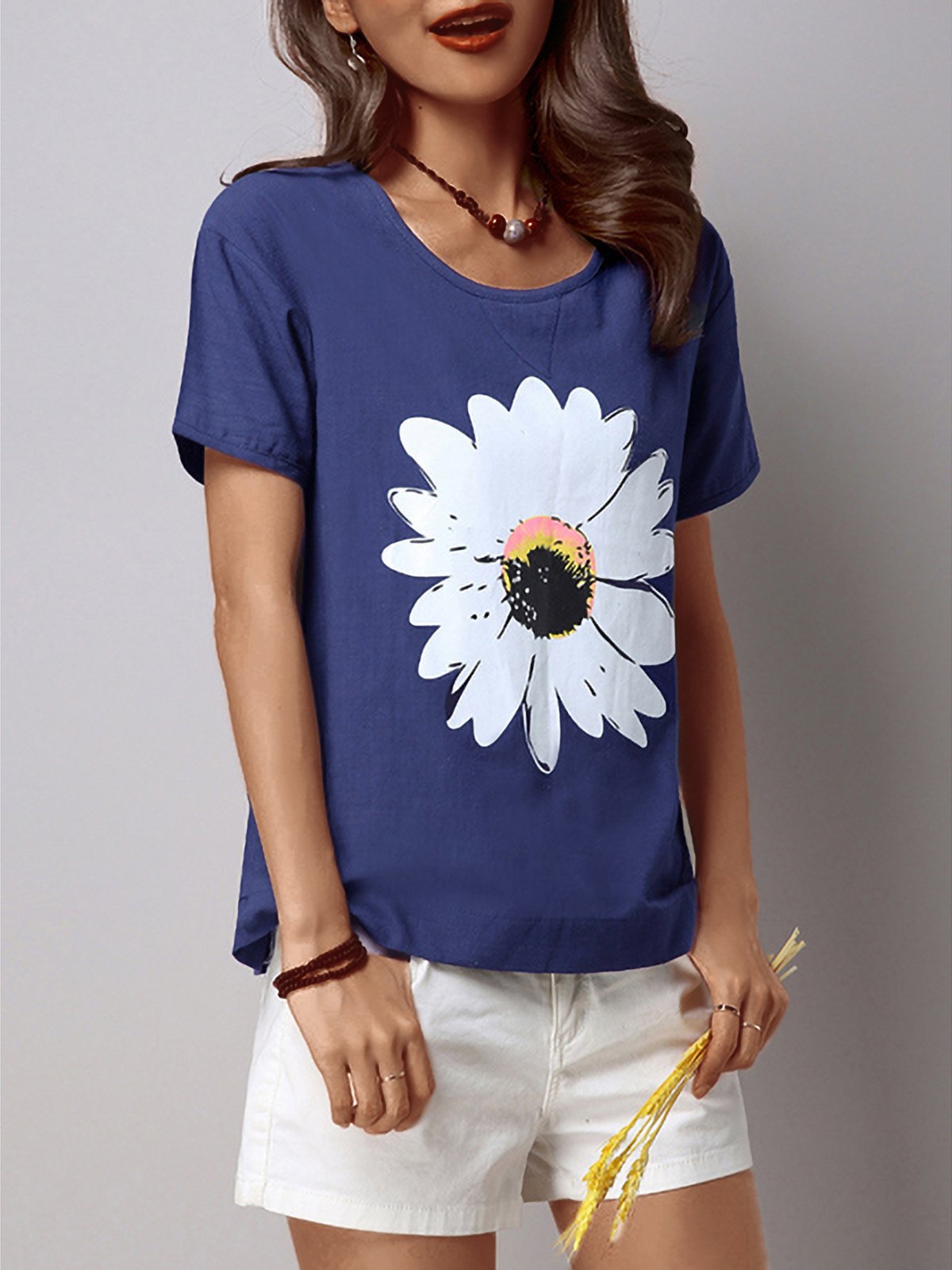 Plus Size Women Short Sleeves Loose Cotton Sun Flower Graphics Casual Tops