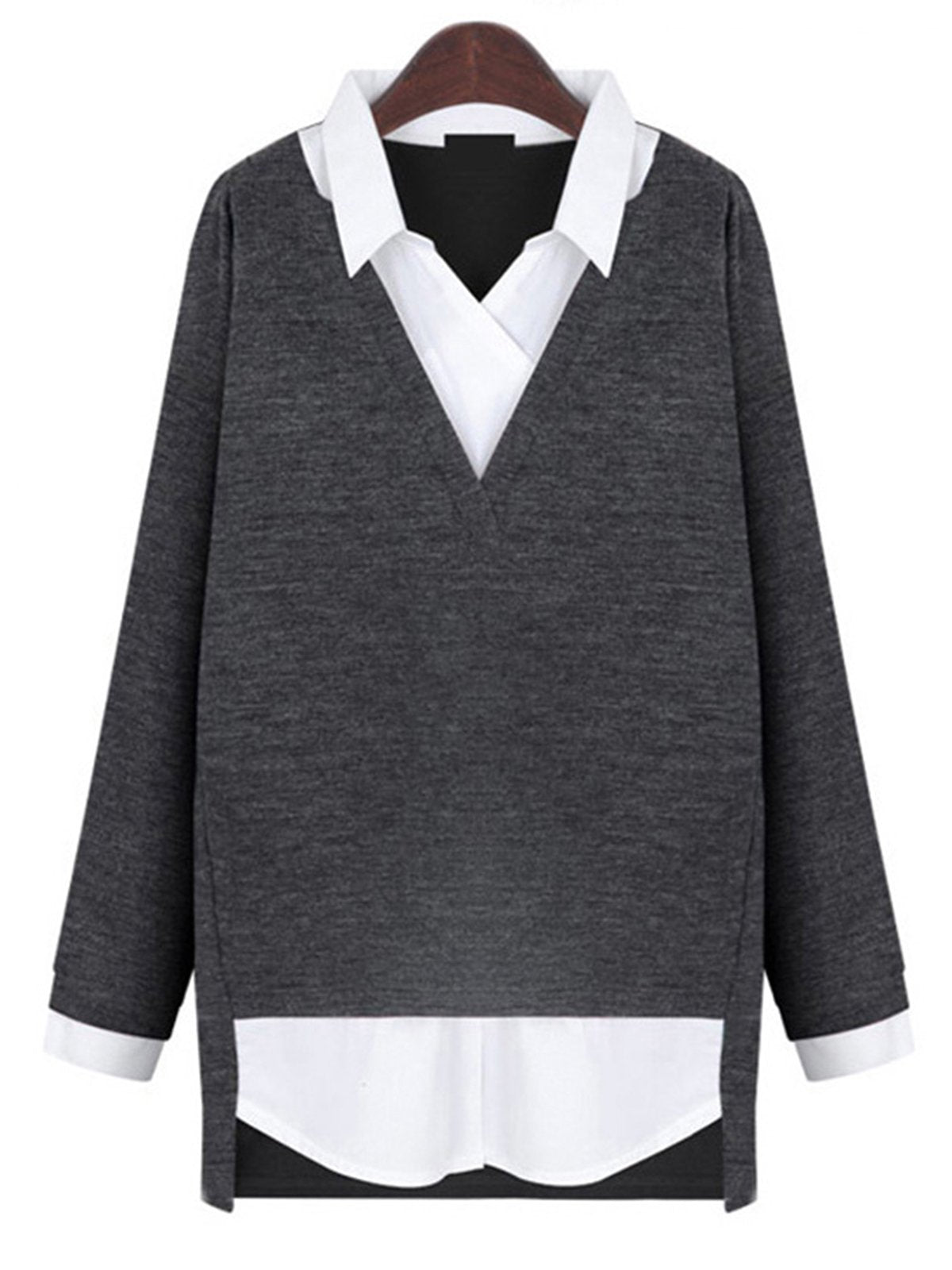 Long Sleeve Color-Block Casual Plus Size Blouse