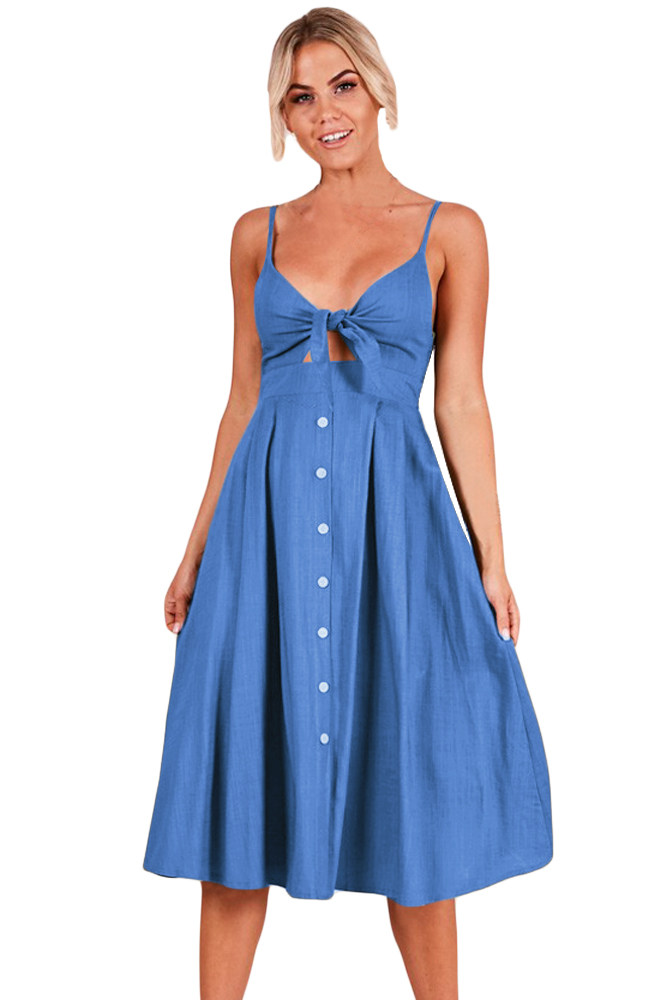 Royal Blue Sexy Backless Tie Front Button Skirt Midi Dress