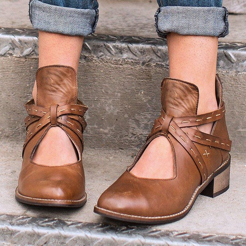 Women Artificial Leather Ankle Low Heel Boots Hollow-out Vintage Booties