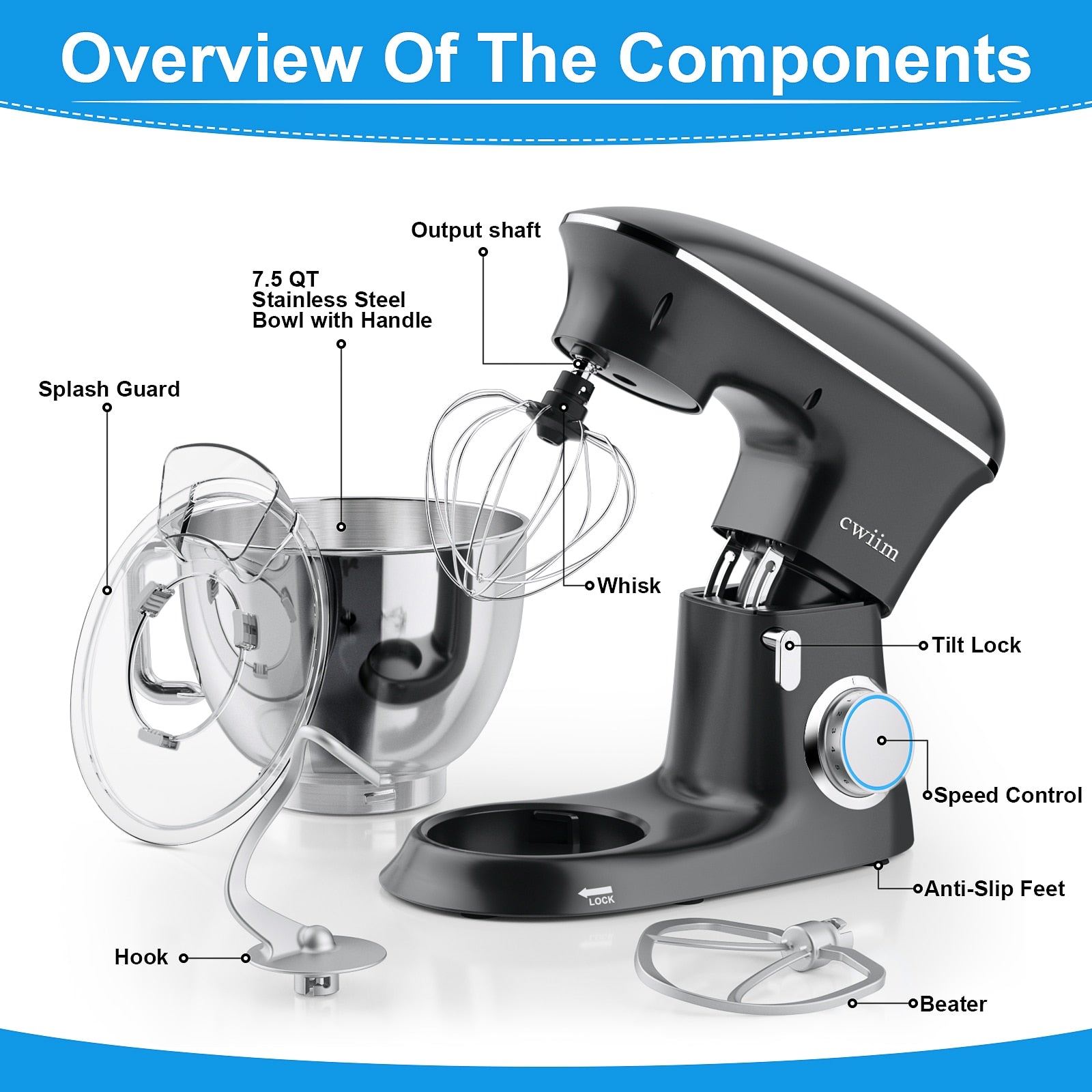 CWIIM Stand Mixer, 7.5 QT 660W 6 Speed Kitchen Mixer with Dough Hook Whisk Beater Splash Guard