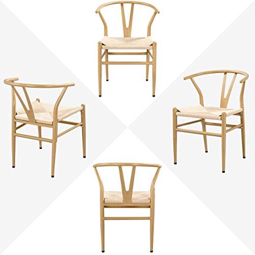 Set of 4 Weave Chair Mid-Century Metal Dining Chair Y-Shaped Backrest Hemp Seat