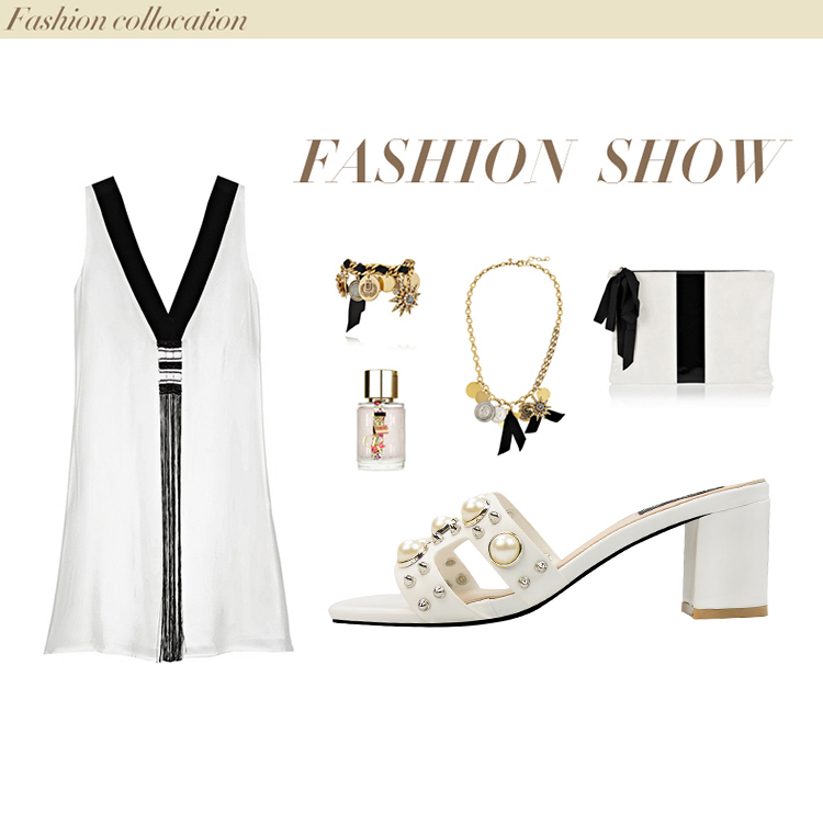 7CM Fashion Thick Pearl Rivets Pump Heel Mules