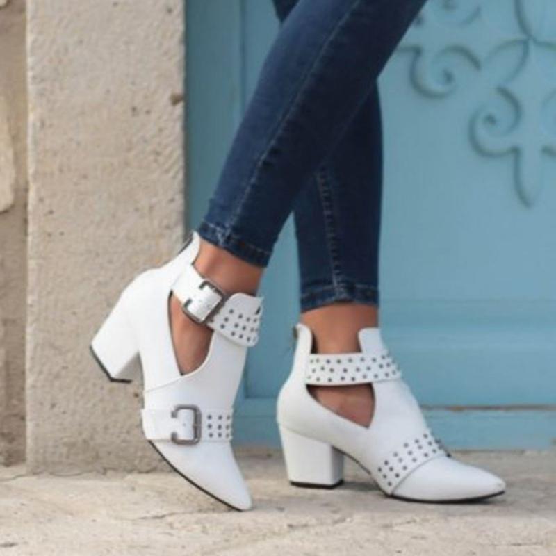 Zipper Chunky Heel Booties Ankle Pointed Toe Shoes