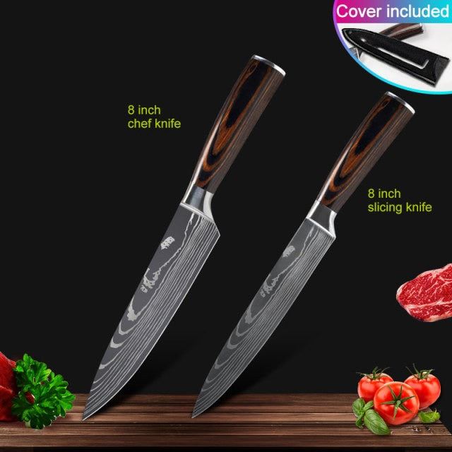 Kitchen knives Set Professional Chef Knives Stainless Steel Imitation Damascus Pattern Santoku Cleaver Slicing Utility Knives