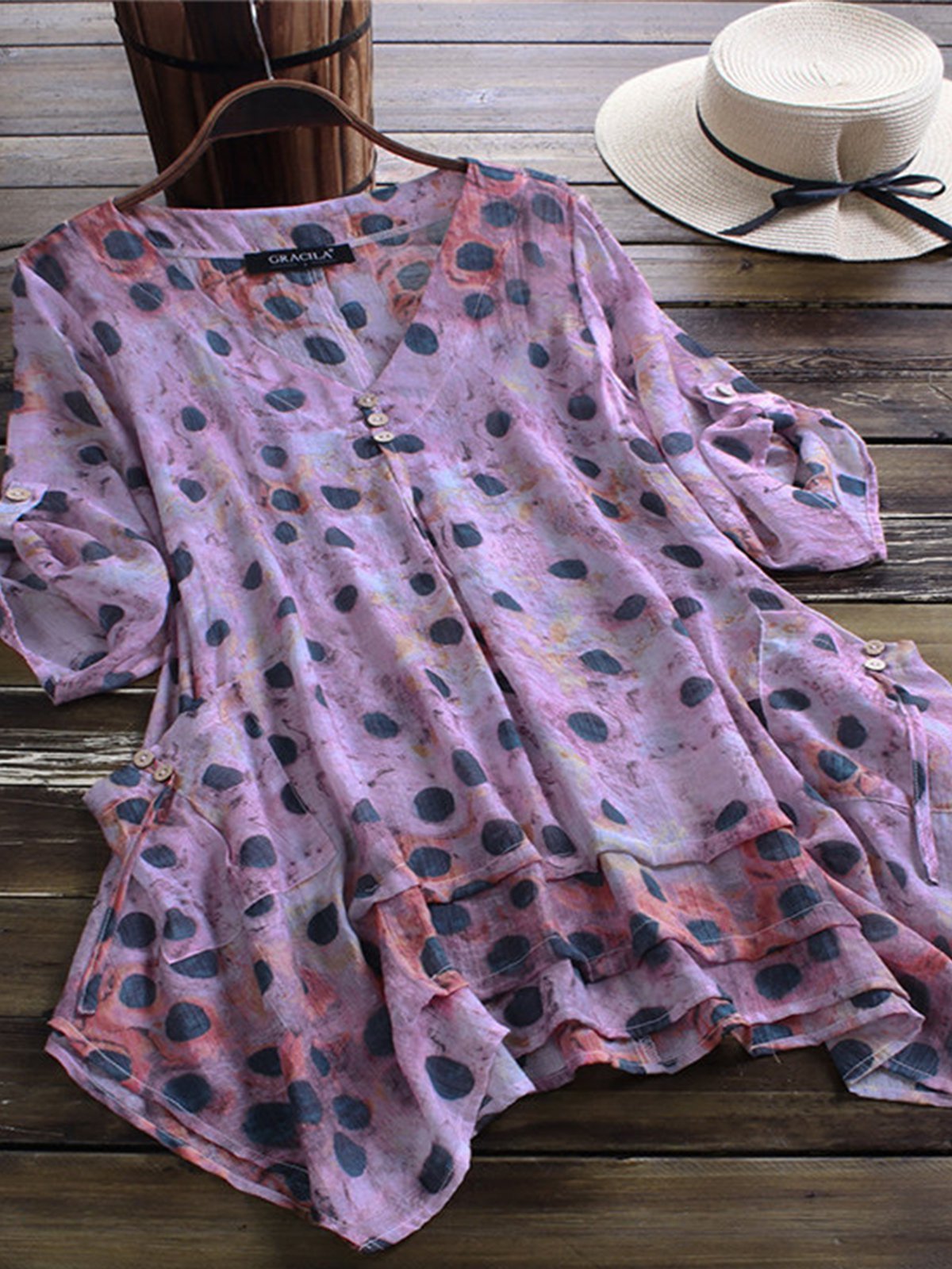 Short Sleeve Buttoned Sweet Cotton-Blend Shirts & Tops