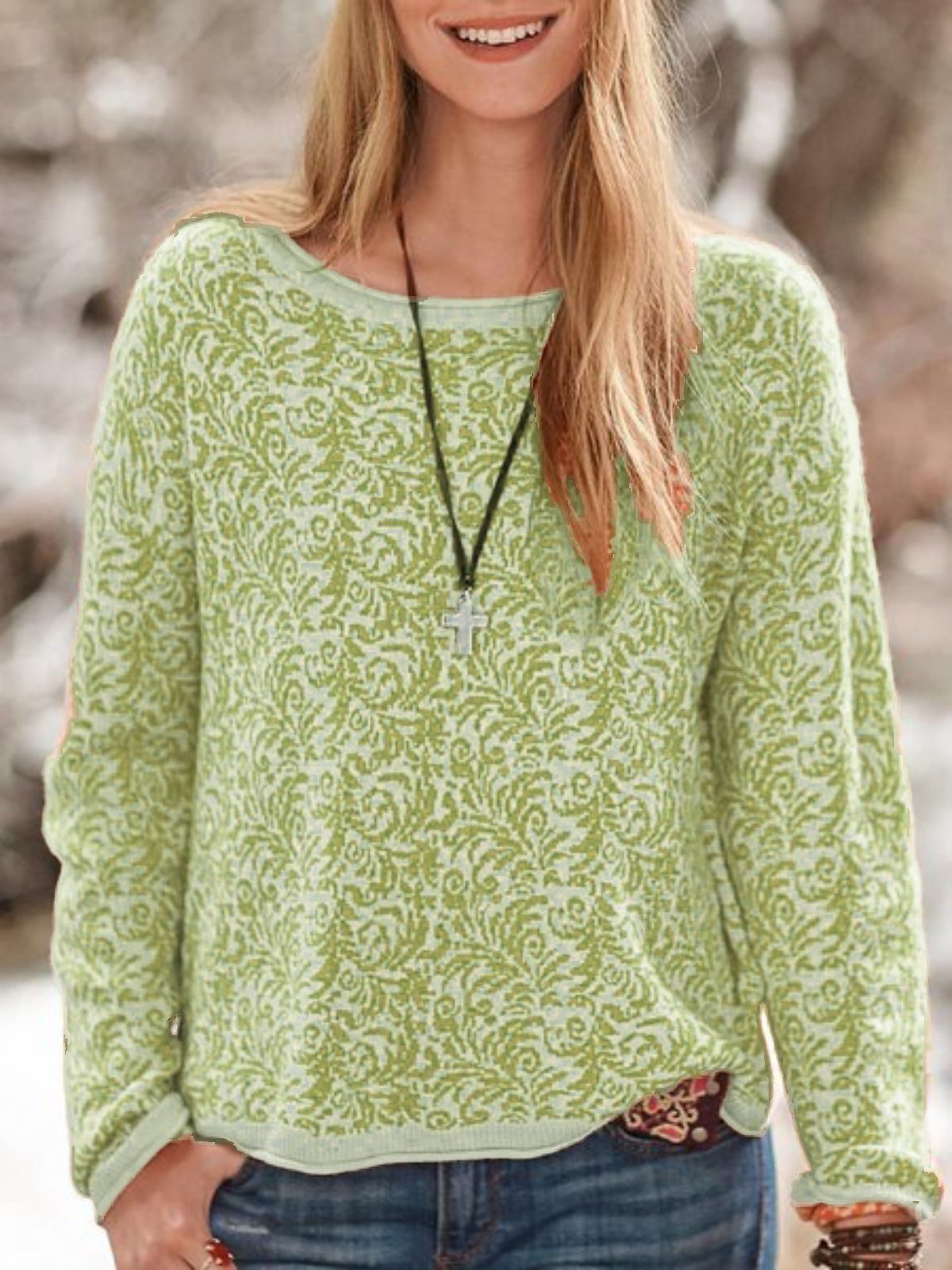 Orange Cotton-Blend Round Neck Long Sleeve Printed Tops