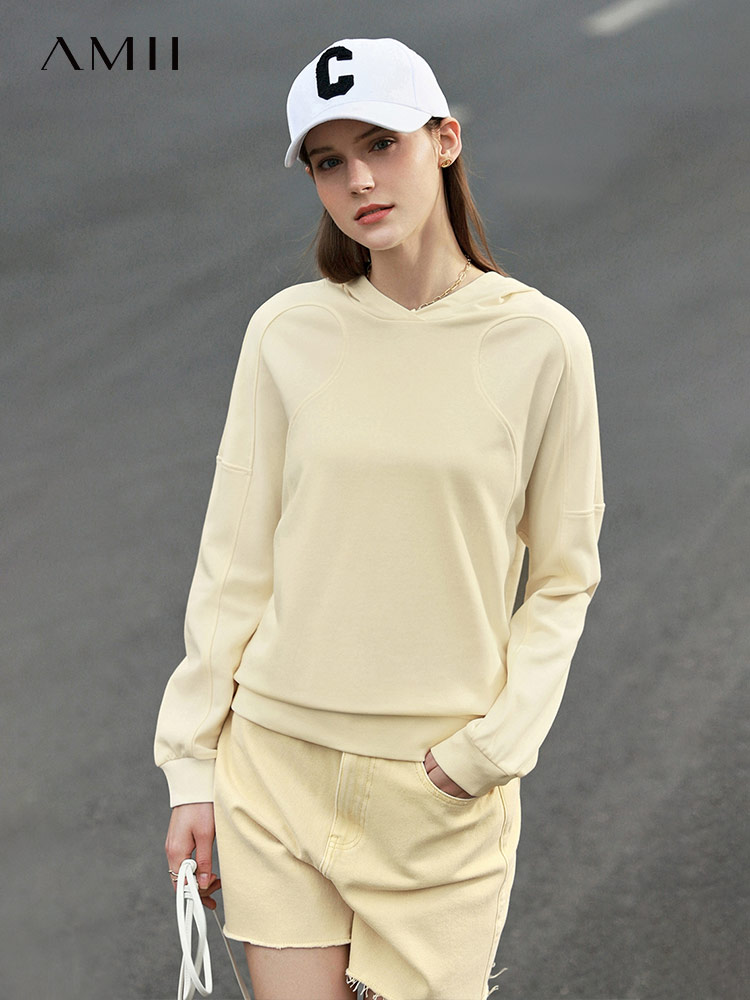 复制Amii Minimalism Sweatshirt Women Spring Hooded Clothes Solid Loose Hoodies 100% Cotton Casual Pullover Female Tops 12240199