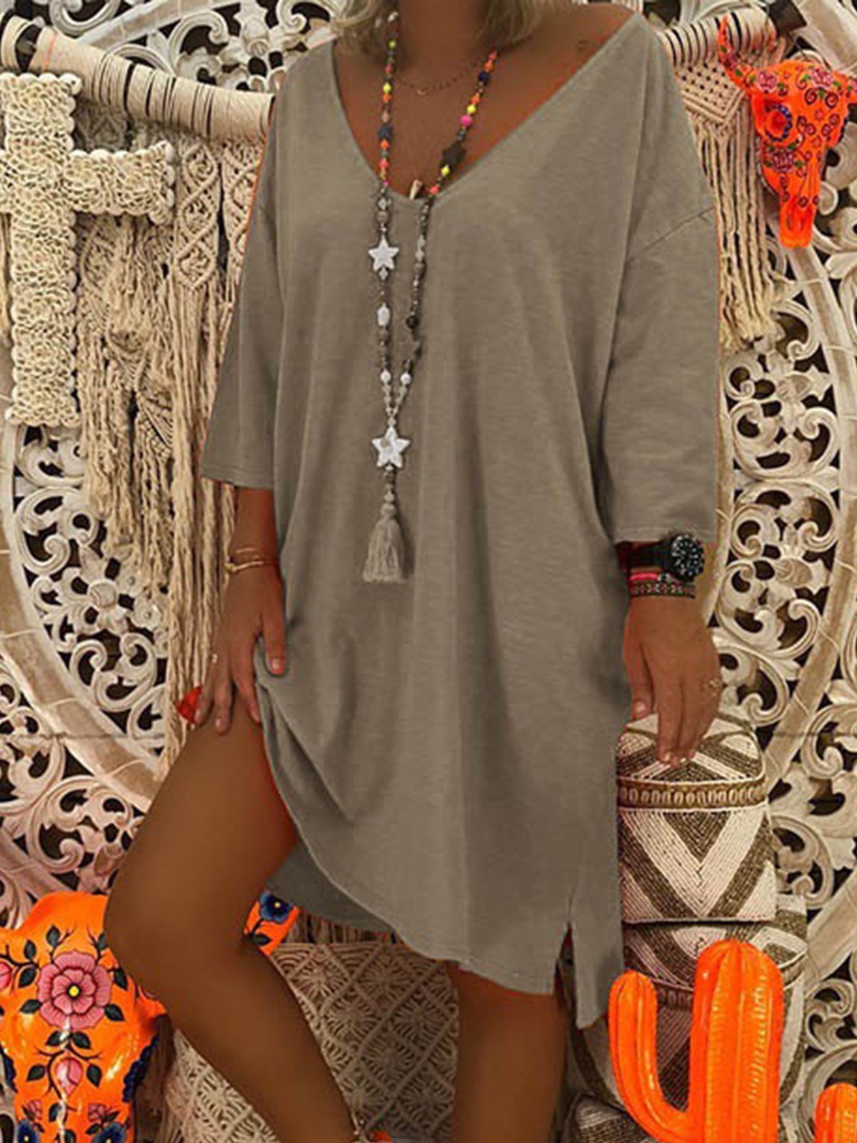 V-Neck Shift Women Daily Cotton Casual Fall Dress