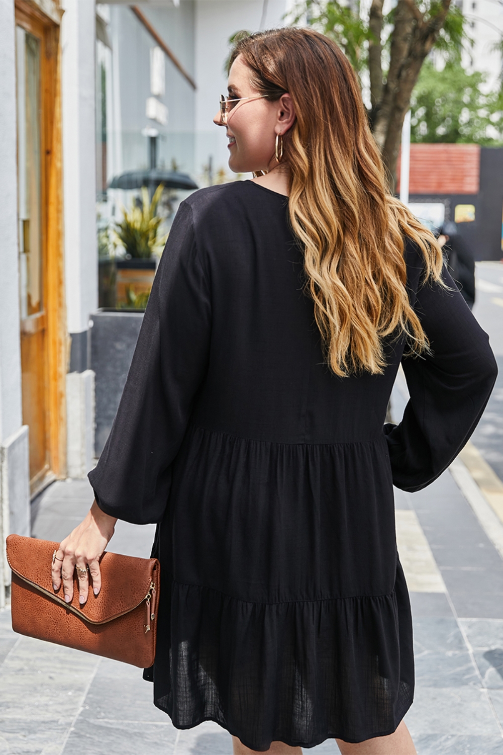 Plus Size V Neck Casual Plain Dress with Sleeves