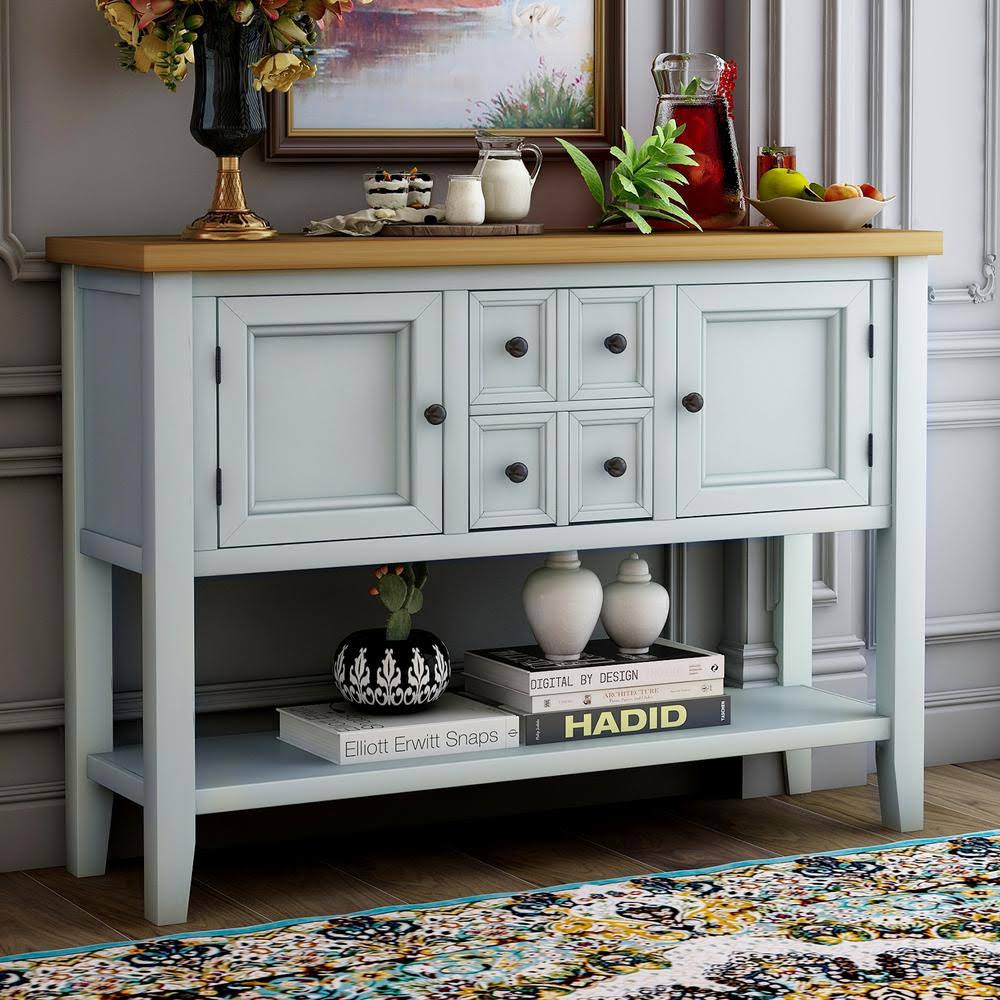 Qualfurn 46 in. Rectangle Lime White Wood Console Table with 4-Storage Drawers and 2-Cabinets