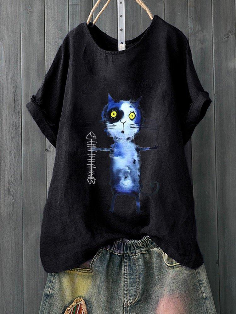 Short Sleeve Cotton-Blend Round Neck Sweet Shirts & Tops