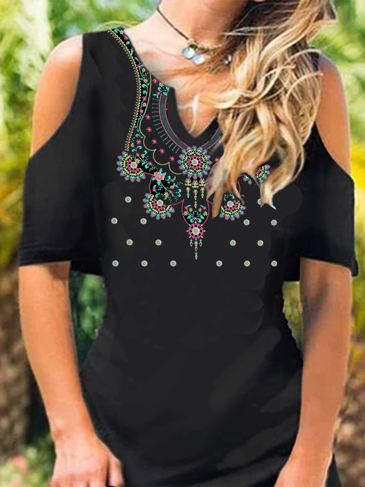 V Neck Cotton-Blend Short Sleeve Boho Dresses