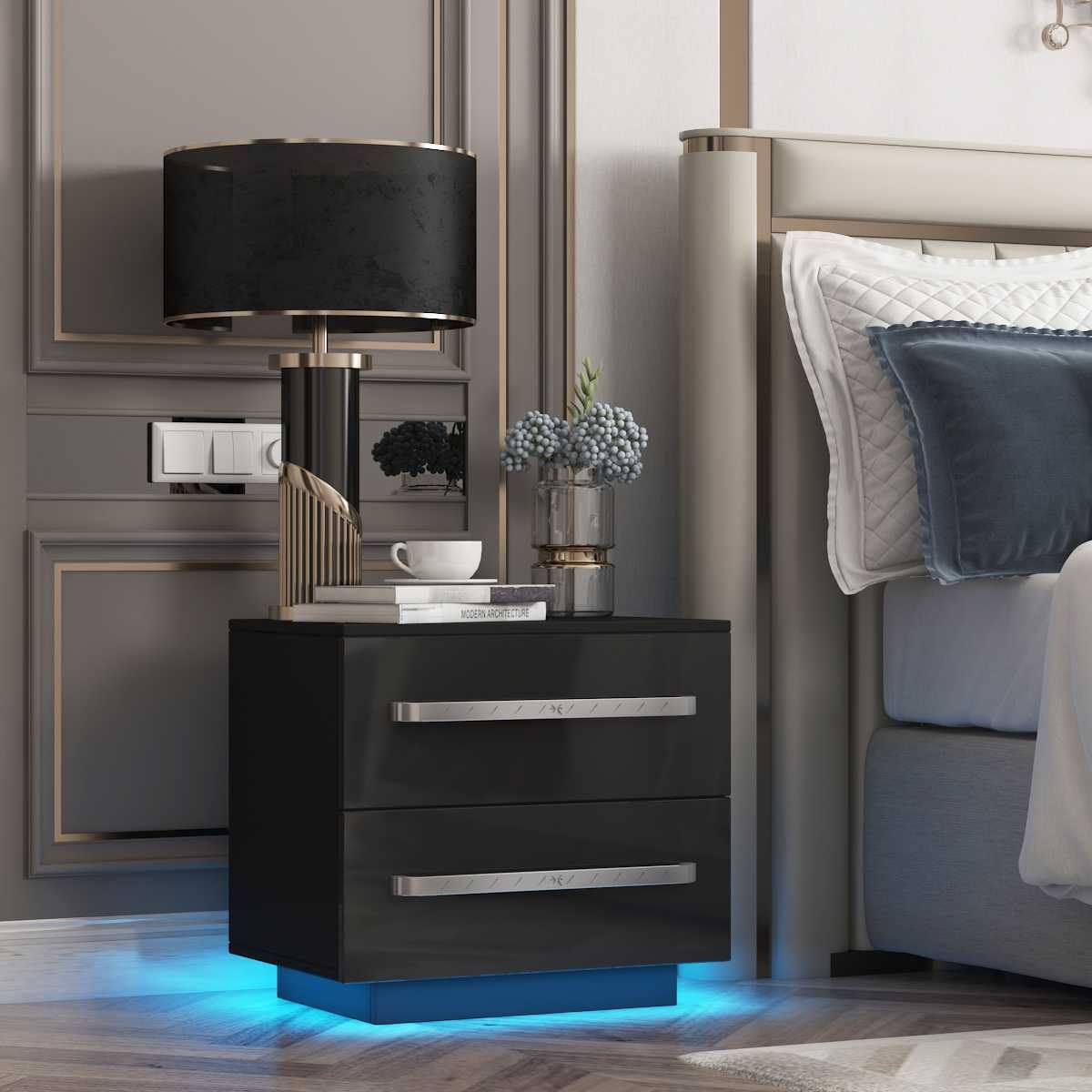 LED Bedside Table Coffee Tea Table With 2 Chest of Drawer Bed side Table