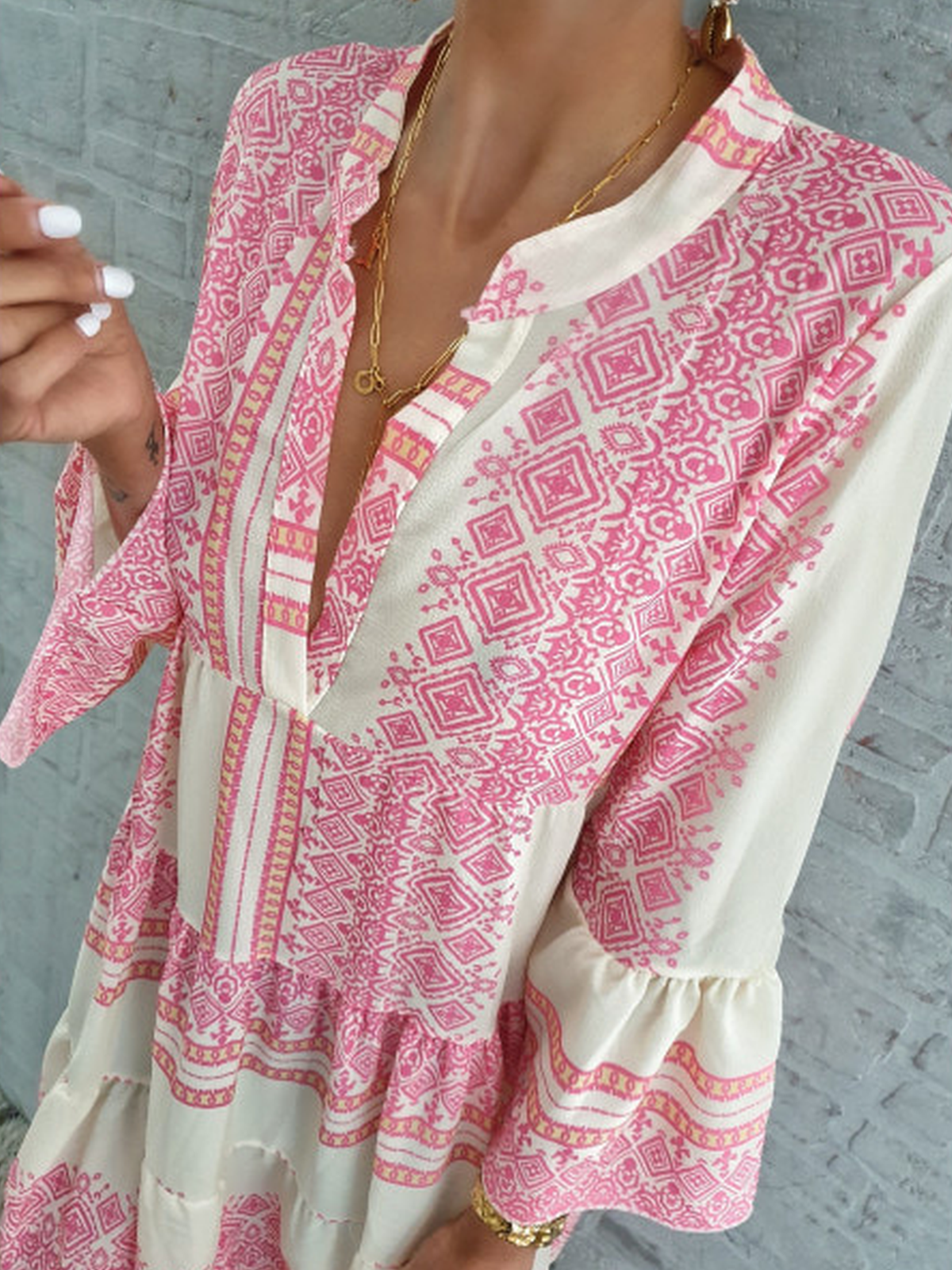 Pink Cotton-Blend Boho Striped V Neck Dresses