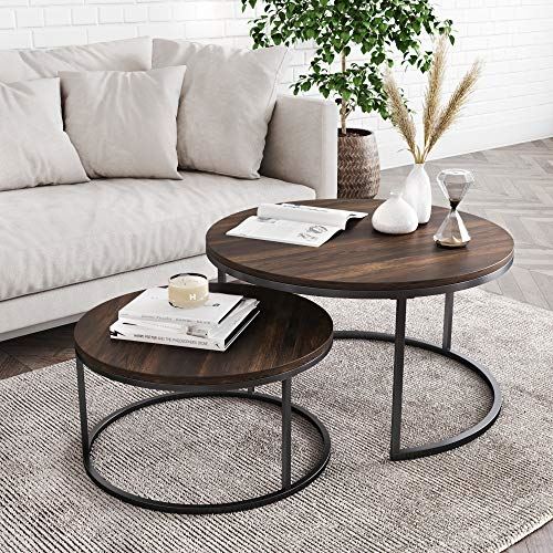 Stella Round Modern Nesting Coffee Tables w/ Wood Finish & Metal Frame / Set of 2