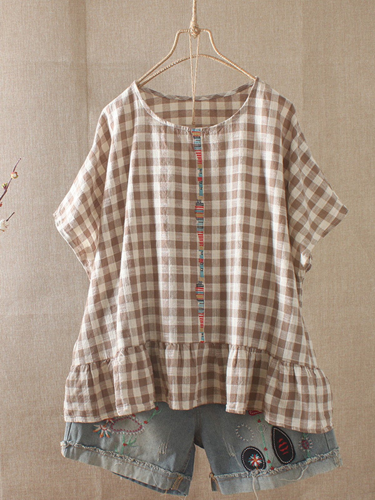 Women Casual Loose Tops Tunic Plaid Blouse Shirt