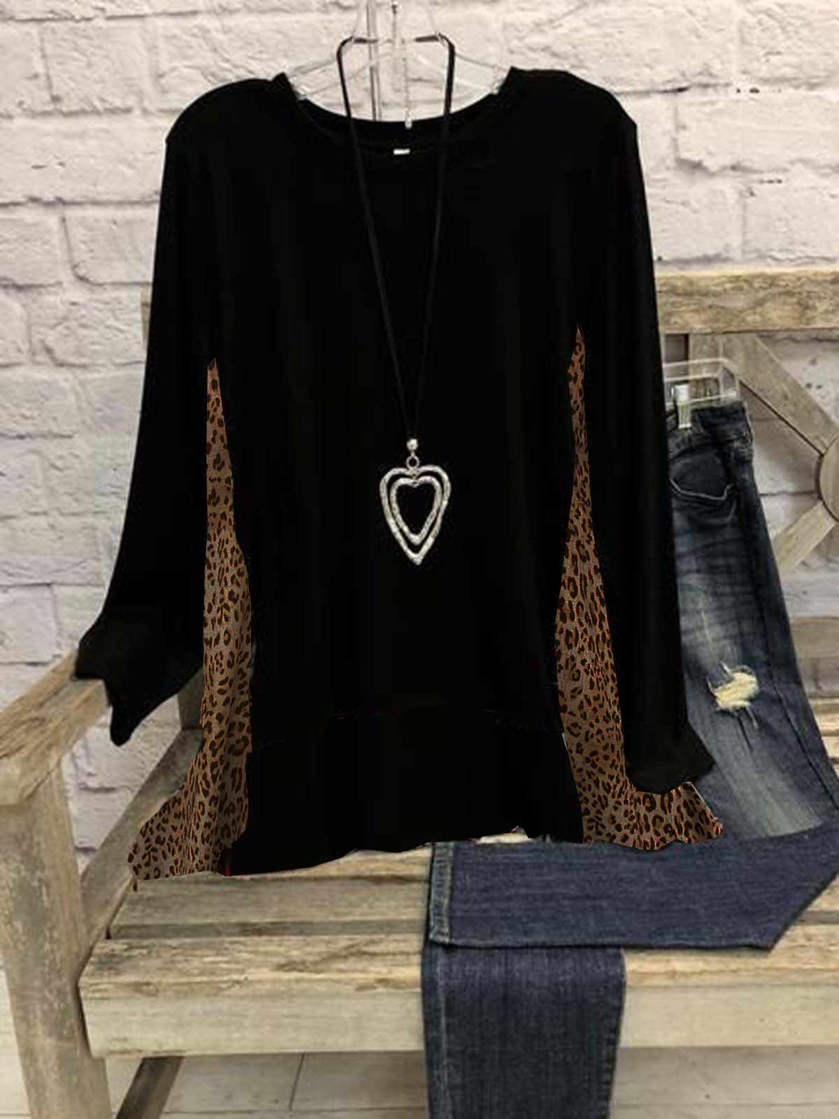 Leopard Long Sleeve Lightweight  Cotton-blend  Crew Neck  Casual  Winter Black Top