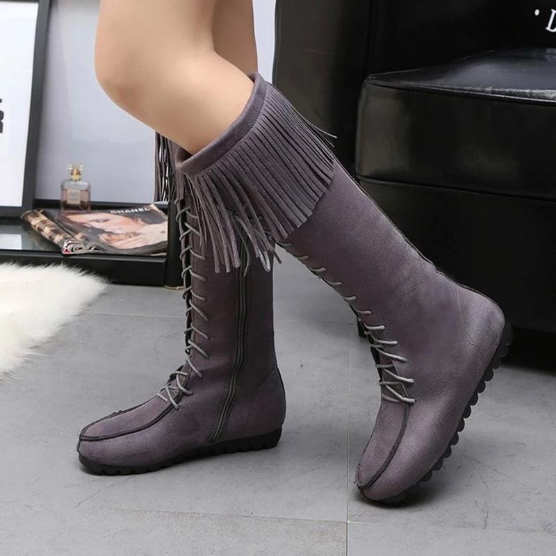 New women's round Toe Suede Tassel Knee High boots