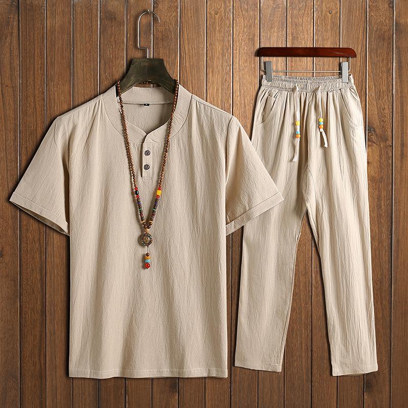 Men's Chinese Style Sets Two Buckle Short-sleeved T-shirt + Trousers Casual Two-piece