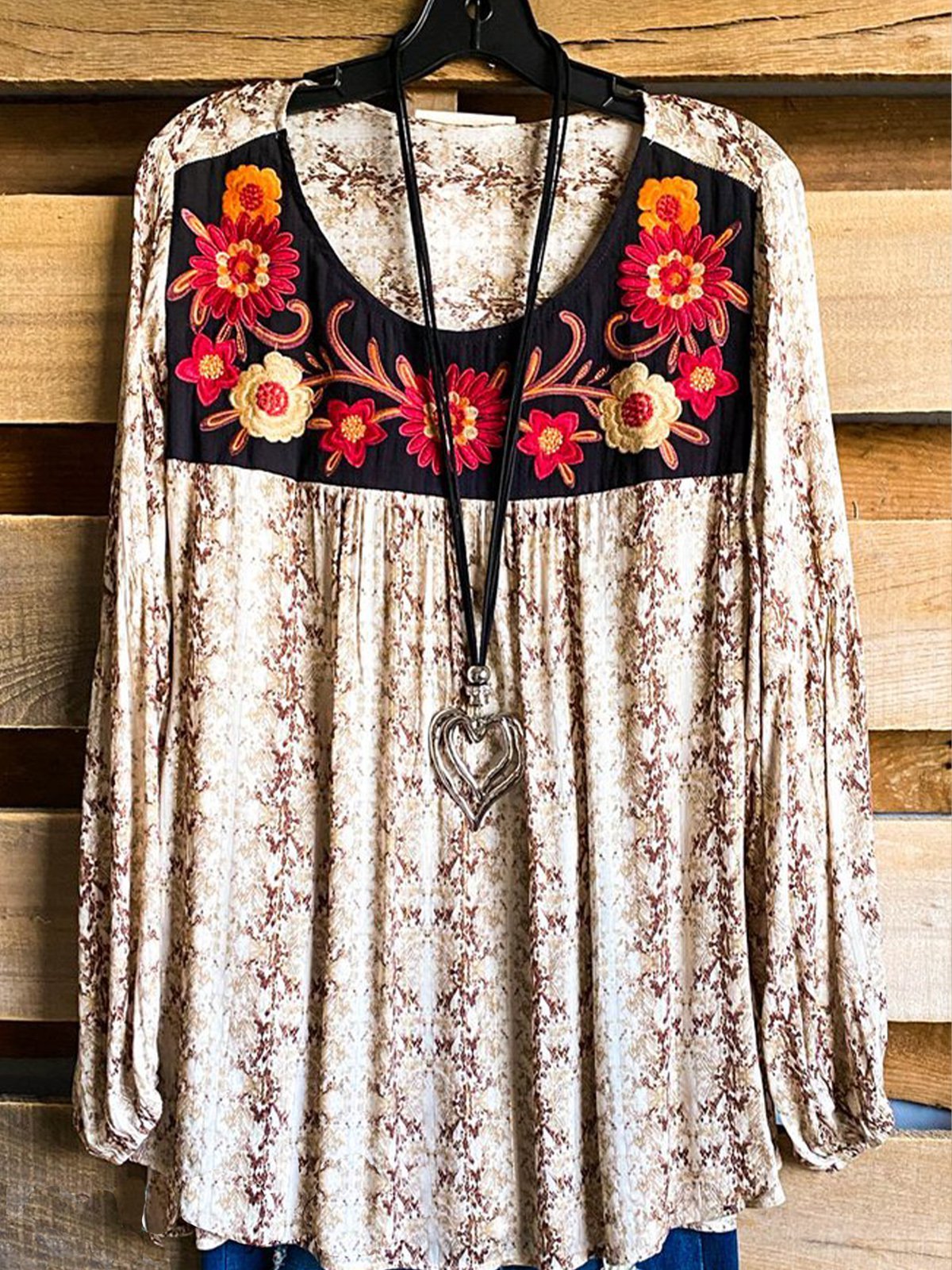 Floral-Print Leopard Long Sleeve A-Line Shirts & Tops