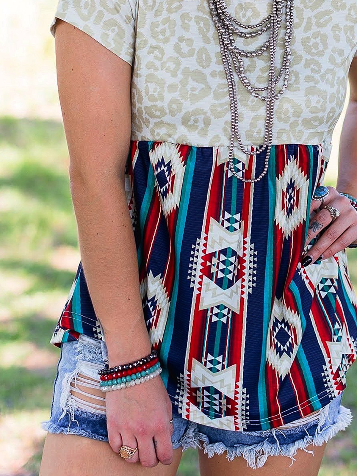 Geometric Short Sleeve Crew Neck Casual Shirts & Tops