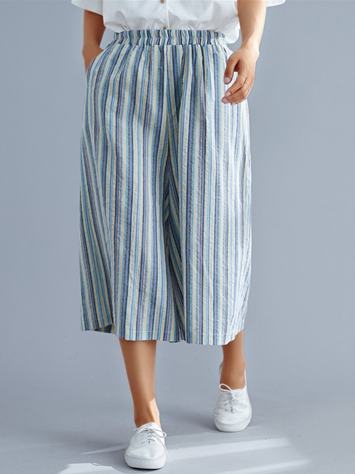 Plus Size Women Striped Casual Wide Leg Pants