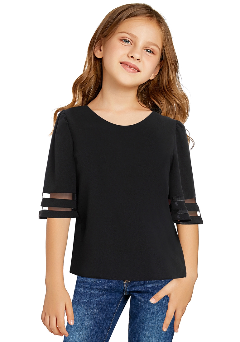 Black Girl's 3/4 Bell Sleeve Mesh Panel Blouse